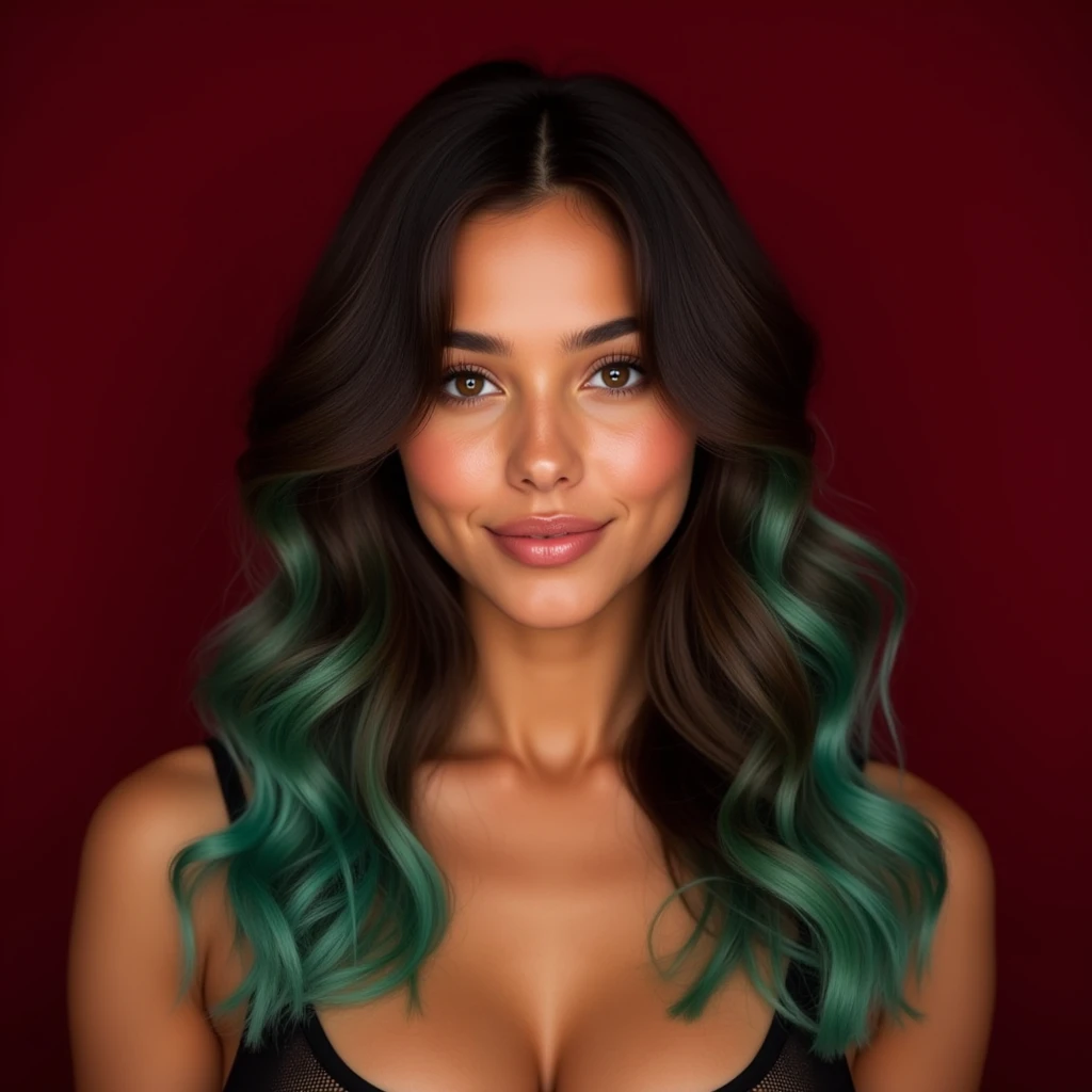 Menina cabelo preto pele branca olho verde magra sorriso sensual