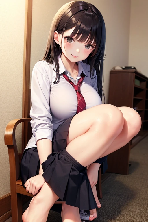 professional women, 1 girl, make out, (shiny big), (bangs), (sweaty: 1.3), background blur, tie(purple leopard print bra)、20 year old gal woman photo, sitting, panty shot, spread legs in shiny bra(Pink stripes)Long sleeve knit dress mini、socks, black hair,(highlight pink) curly hair、high heels、off shoulder、,(I can see the bra) loafers, realistic, lips, brown eyes, Black socks, tie, highest quality, Clear facial expressions, blush、stick out tongue、after school school, sitting on classroom chair and spreading your legs, angle from below, Glossy skin, shiny skin, shiny skin, layer cut,very big breasts、Very large 、A large amount of sweat drips down my thighs、Beautiful eyes like a doll、sweaty crotch、A large amount of drops drip from the crotch(1.8)、A large amount of sweat drips onto the floor(1.8)、puddle