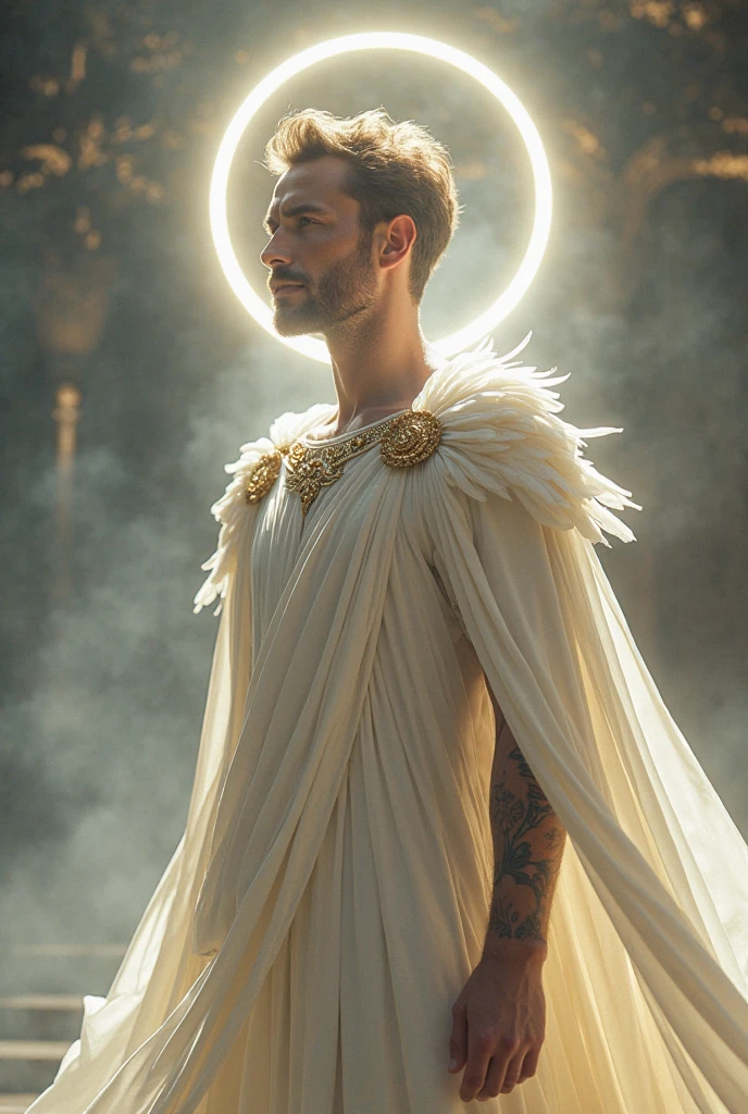A man with a height of 160cm, white hair, no beard, blue eyes, black tattoos on his arms, and a white cloak.