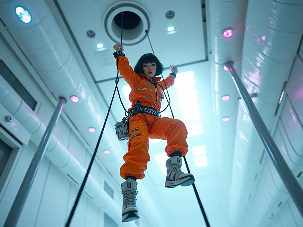
a 14-year-old girl floats in space in a transparent spacesuita 14-year-old girl floats in a transparent spacesuit in a cabin in space, transparent and barely see-through