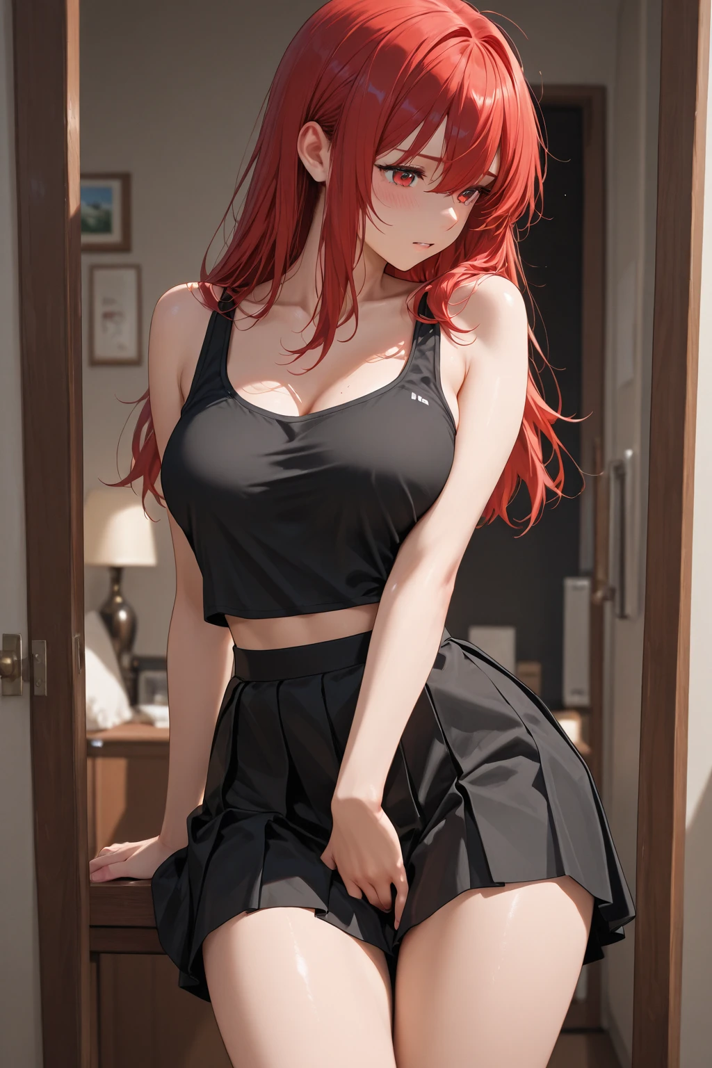 masterpiece, best quality, 1girl, long red hair, green eyes, freckles, thick thighs, day, city, crop top, miniskirt, sitting,