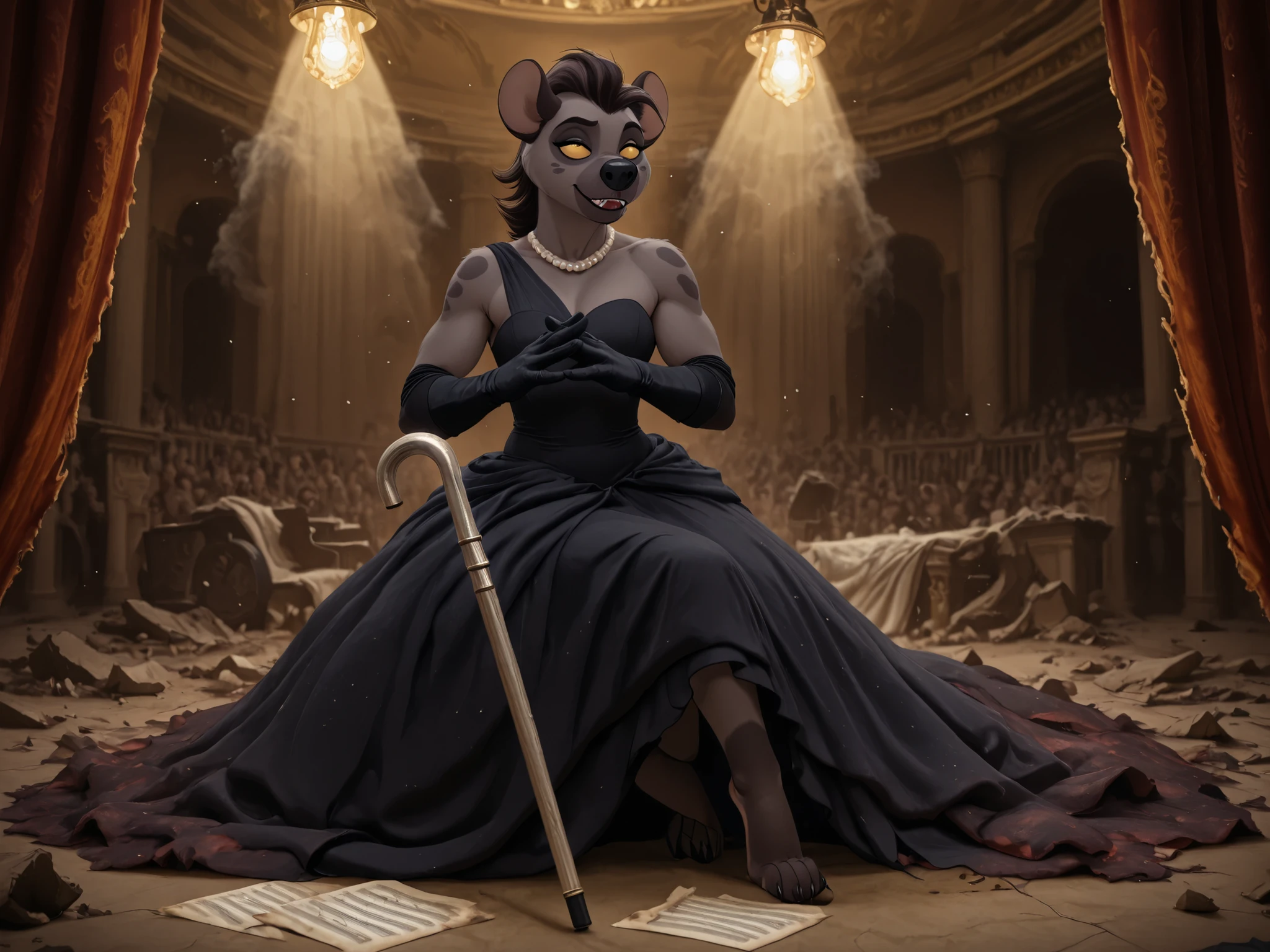 score_9, score_8_up, score_7_up, (best quality), ultra-detailed, high resolution, 8k, masterpiece, best quality, amazing quality,
best quality, ultra-detailed, 8k wallpaper, ((formal evening dress)), ((opera gloves)), ((pearl necklace)), ((dignified pose)), ((silver walking cane)), in ((destroyed opera house)), ((torn velvet curtains)), ((broken theater seats)), ((stage filled with debris)), ((exposed support beams)), ((emergency lights still glowing)), ((scattered sheet music)), dust particles in air, dramatic lighting through roof holes
((solo)), furry, furry female, black eyes, 1girl, anthro, ((Jasiri)), hyena girl, yellow sclera, dark grey spotted fur, athletic, toned arms, plantigrade, black hands, barefoot, black feet, foot focus,
