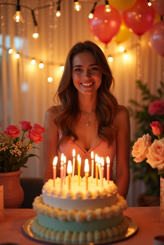 Create greetings card with nice decorations and beautiful girl cutting cake. Also mesaage "On your special day and always, may you be surrounded by the love and support of family and friends. Happy birthday, Rituparna!"