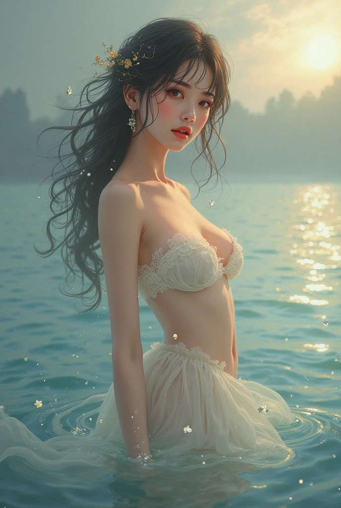 score_9, score_8_superior, score_7_superior, A masterpiece in 32K resolution,Highest quality,Very detailed,Ultra-realistic,Realistic,Increased depth of field,Cinematic lighting,
Elegant mature Japanese woman,
Glossy black hair,Straight long hair,Showing his forehead,Ultra-detailed and beautiful face,Sensual look,Beautifully detailed dark brown eyes,Ultra-detailed skin,Translucent white skin,Realistic skin texture,Beautiful cleavage,Shapely ass,Firm thighs,Great proportions,
Summer Beach Dress,
Bold design,spaghetti straps,No sleeve,Thigh slit,Delicate and beautiful decoration,Detailed texture of the fabric,
Dark cloudy sky at night,Dark clouds filling the sky,Thundercloud,Coastline at night,Golden reflections on the sea surface,delay々A desolate sandy beach that continues,
(Close-up of face:1.5),Cinematic,High angle,
