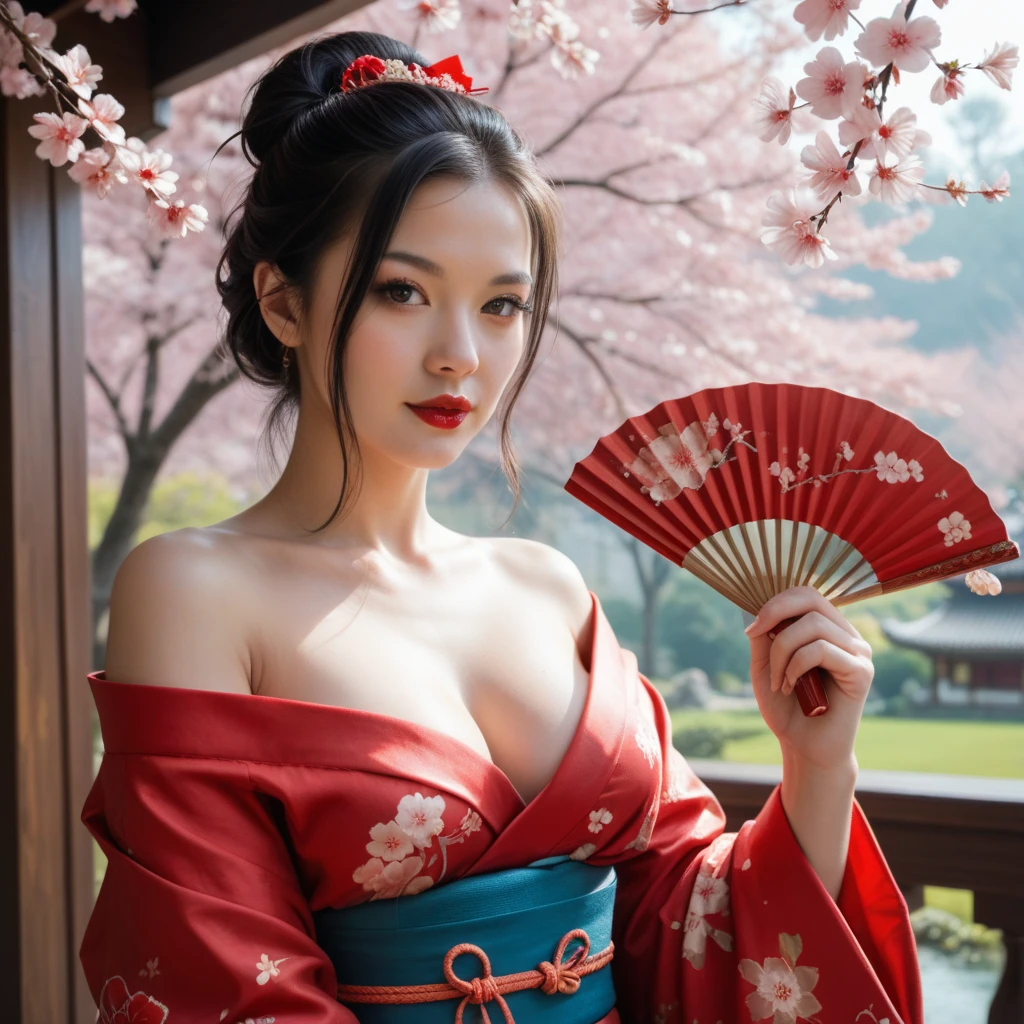gorgeous oriental woman, black hair in an elaborate hairstyle, elegant embroidered kimono, sakura flower embroidery, gold details, full body shot, cleavage, bare shoulders, standing, large breasts, alchemist, strapless dress, vials
, potions, updo, blank background, white background, lulu, ffx