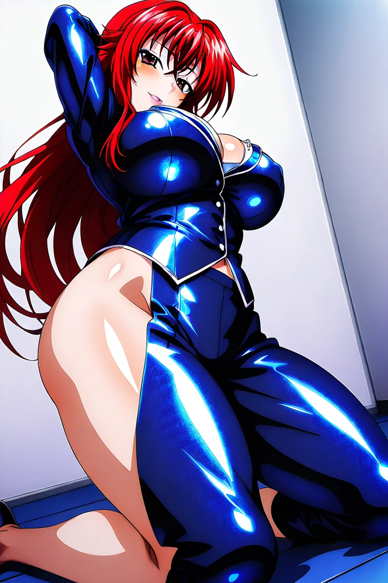 Muscle female, big tits, long hair, red lips, blue latex body