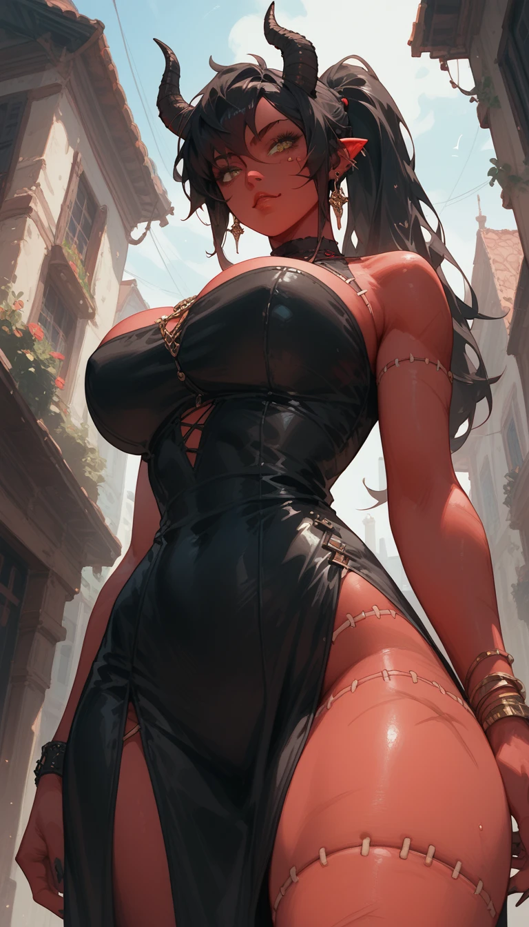 Ochako Uraraka, ropa apretada, poca piel visible, ((  ruborizada, sonrisa, oiled skin)),  pelo corto, cabello cafe, (( short hair, brown hair, piernas descubiertas)), curvy body, abs, muscle, muscle girl, gigantic sagging breast , slip aureola, Iparuputsua, de pie en la entrada de un castillo, brazos a los costados, magic world background, mundo medieval .