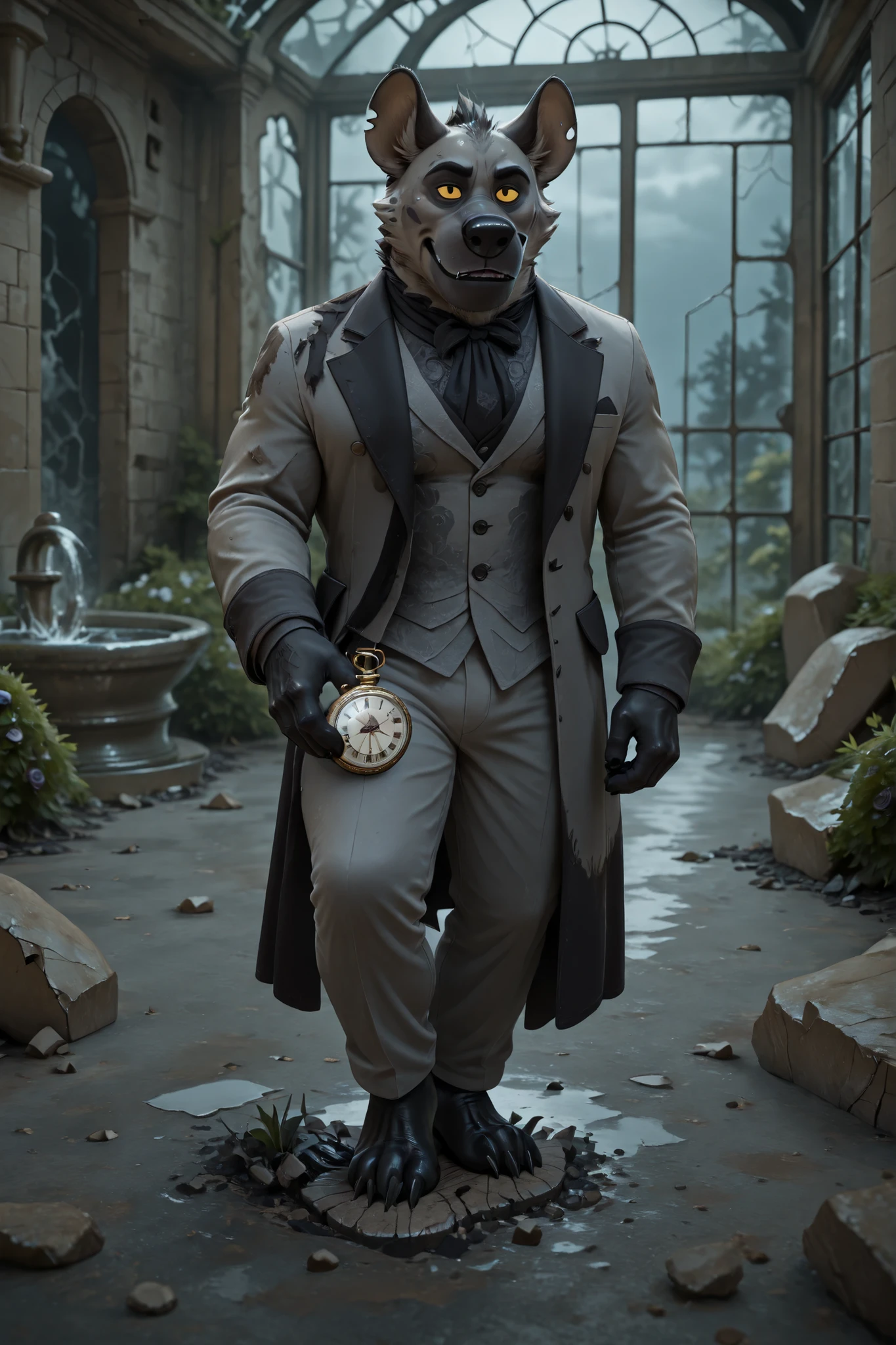 score_9, score_8_up, score_7_up, (best quality), ultra-detailed, high resolution, 8k, masterpiece, best quality, amazing quality,
masterpiece, ultra-highres, photography, ((noble hunting attire)), ((silk cravat)), ((vintage pocket watch)), ((commanding presence)), ((aristocratic sneer)), amid ((ruined mansion gardens)), ((dead topiary mazes)), ((dried fountains)), ((cracked statues)), ((withered rose gardens)), ((broken greenhouse)), ((rusty garden furniture)), nuclear winter sky, radioactive puddles
((solo)), furry, furry male, bara, muscular, muscular male, black eyes, 1boy, anthro, ((Chungu)), hyena boy, big mouth, big black nose, yellow sclera, stern expression, dark grey spotted fur, athletic, toned arms, strong arms, strong legs, plantigrade, black hands, barefoot, black feet, foot focus, standing, (((one foot stomped on big piece of debris))), night, fires