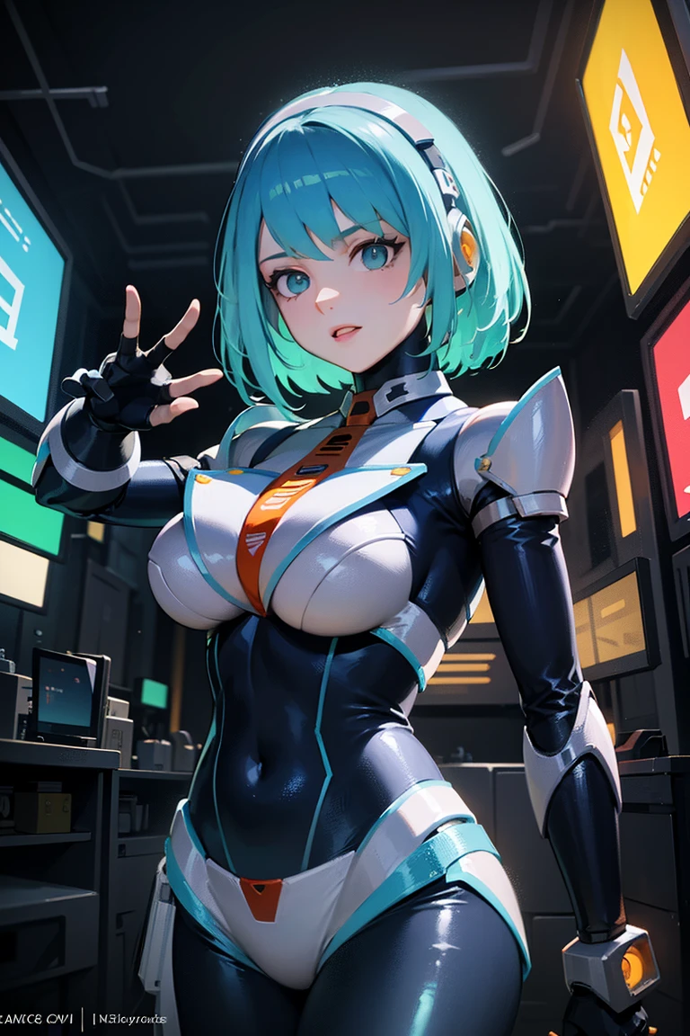 One girl,alone, Short hair,Multicolored Hair ,Bright Blue Eyes, Curvy,humanoid robot, joint, robot, robot joint, Shiny, Shiny skin, Thighs, robot, humanoid robot, robot girl,smile, (window:1.4),sf,Short shorts ,Sleeveless jacket ,sf ,factory,Floating monitor,Retro Wave, (Background space,惑star,sun,Milky Way,star,Earth),Inside the spaceship