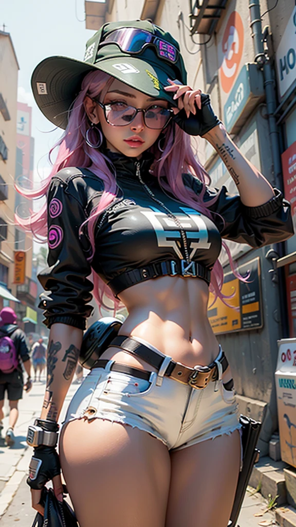 Best quality,Amazing,Masterpiece,Delicate,超高分辨率,Ultra detailed,intricately details,Beautiful detailed,8K resolution,(Extremely detailed Cg Unity 8K wallpaper),Sharp focus,((No text)),breast conscious, perfect large breasts,framed breasts,dark Makeup,cheerfulness,Reflectors,ahegao,Pink eyes,Heart earrings,1girll,Solo,Female pervert,view the viewer,Long hair,multicolored hair,Shiny hair,Barefoot, slim toned waist,Thick thighs,Bare legs, athletic build, tall figure. Walking down street in Hawaii, wearing blue sports bra, strapping sports bra, short leggings, many piercing ears, few tattoos, walking pose, confident pose, black YSL logo baseball cap, black mask covering mouth, Gengar tattoo on chest