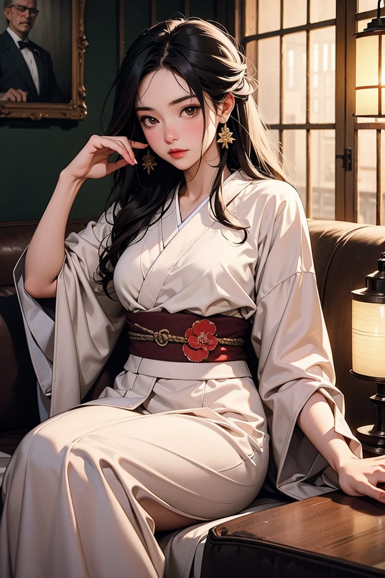 Masterpiece, Best quality, Dusk, against backlight at dusk, Realistic, Real, Huge_filesize, the wallpaper, Japanese, Girl, Medium hair, Black hair, Disheveled hair, view the viewer, Beautiful detailed eyes, Frilled thighs, Earrings, jewelry, pendant, bras_arms cuffs, arms behind head, Crossed_Legs, Spread legs, side-tie_Panties, Sexy lingerie, Japanese_clothes, Obi,