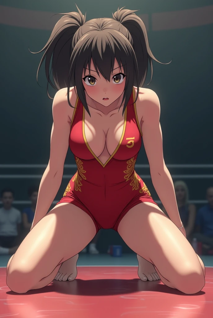girl ,, (Boxing Ring、Large crowd), blush、(smile)、Sweaty body、Wet Hair, Underarm, Big Breasts, (High color saturation:1.0), (Very detailed肌), (Highest quality:1.0), (Ultra-high resolution:1.0) ,(Realistic:1.0), (Very detailed:1.0), (8k, RAW Photos:1.1)、Small breasts、Spread your legs、、ponytail、Mai Shiranui、Mai Shiranuiコスチューム、Fighting Pose、