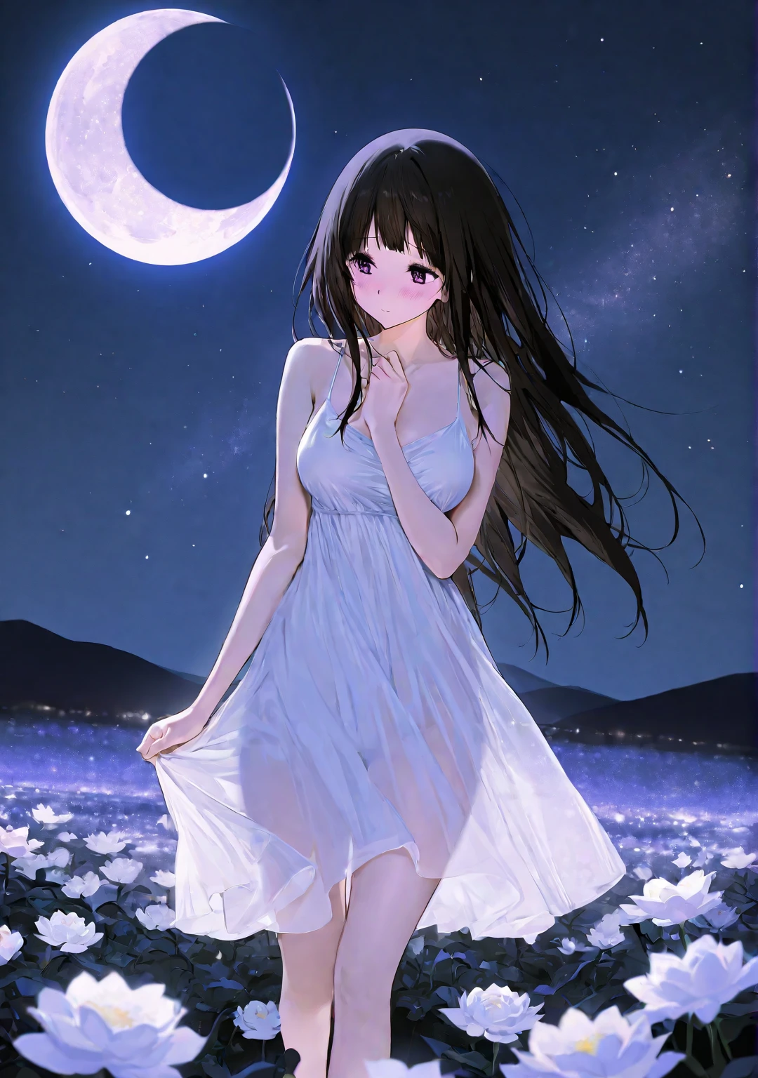 White woman, Black hair, White hat, Red eyes, Thick body, Huge breasts, Big boobs, Big ass, Tall, White dress, Anime style, Ghost aura 