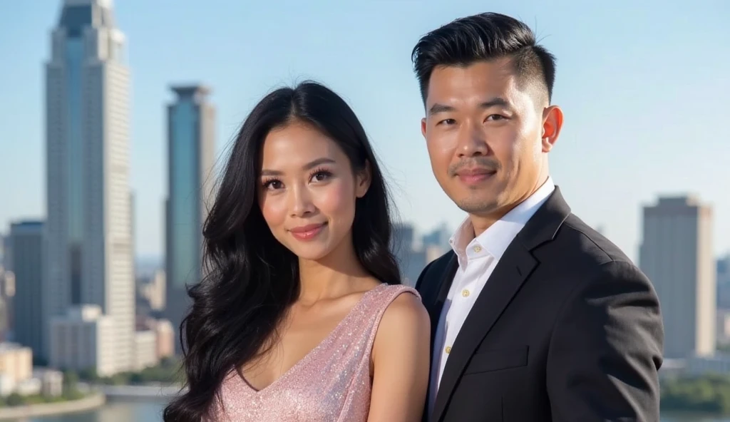 Make a cover for a book, where the background is a port of containers and ships. featured a couple, a 40 year old very muscular white man, Cao Cao, slightly gray and in a well-groomed black suit, very elegant and very handsome, sensual, the white woman, black hair slightly wavy at the ends, almond eyes and sensual red dress, small ceios. Both look at the front of the screen. I want the title of the book highlighted in the middle in italics under the title The CEO's Redemption