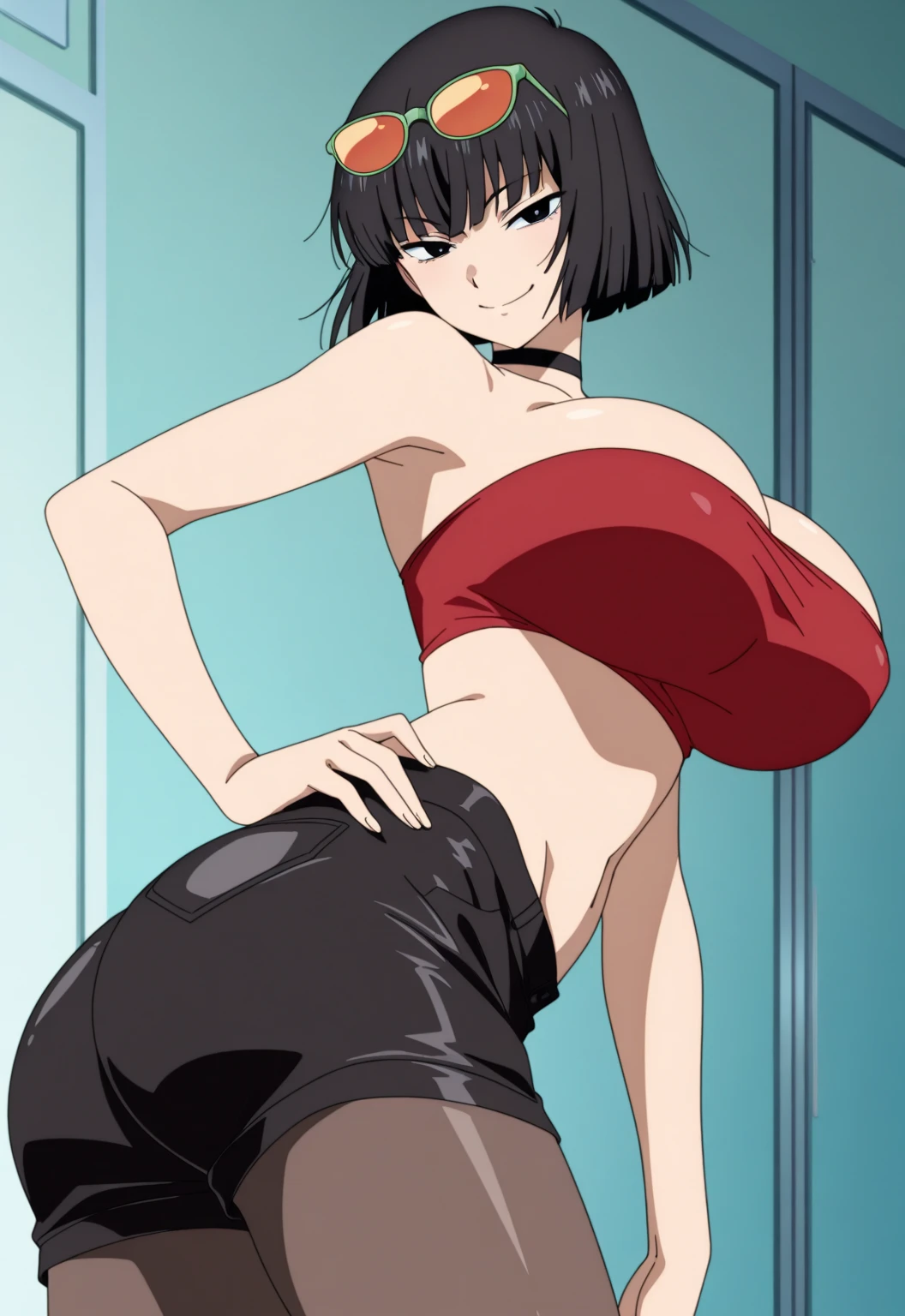 (masterpiece:1.2, best quality:1.2, beautiful, high quality, highres:1.1, aesthetic), detailed, extremely detailed, ambient soft lighting, 4K, perfect eyes, perfect face, perfect lighting, 1girl, solo, shinomiya kaguya, closed mouth, light smile, black hair, red eyes, short hair, folded ponytail, hair ribbon, black dress, red ribbon, huge ass, huge breasts, huge thighs, narrow waist, wide hips, thick thighs, curvy, ponytail, cleavage, face paint, clown outfit, colorful outfit, skintight outfit, jester hat, pointy shoes, smile,