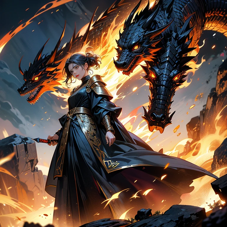 masterpiece,dragon,breathingfire,1girl,cowboyshot,[[[fullbody]]],lookingside,magestaff,magic,leatherarmoreddress,witchhat,explosion,lightning,wind,jewelry,dungeon,hell,
