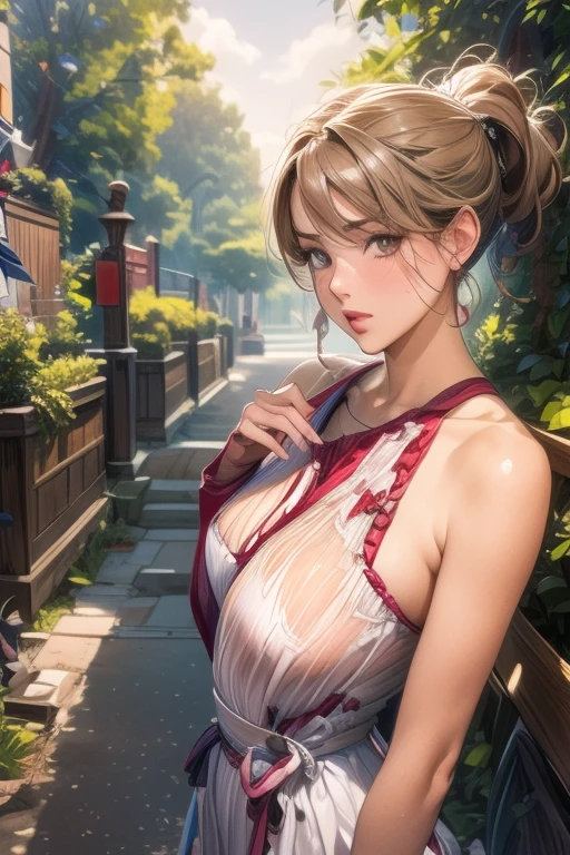 masterpiece, best quality, highres, 1girl, slingshot swimsuit, one-piece swimsuit, pubic hair, standing, cowboy shot, hand on hip, (lucy heartfilia), blonde hair, long hair, side ponytail, blue ribbon, earrings, <lora:wrenchsweettail:1> wrenchsweettail