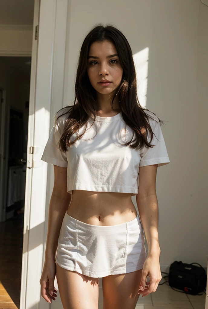 Jessica, homemade photo,grainy,dark lighting,amateur photo,(instagram picture), wearing a white tank top and a shorts jeans, bedroom at the background,