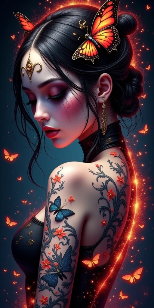 Santa Muerte,best quality,digital painting,extremely smooth,fluid,3d fractals,light particles,dreamy,smooth,shimmering,dreamy glow,conceptual art by alberto seveso,anna dittmann,arthur rackham,harmonious color scheme,32k,Wet black and orange color inks line art dreamy female portrait with lot of lace filigrees on black canvas illustration described in the perfect fractal style of Vassily Kandinsky,Jackson Pollock,Alphonse Mucha and Jeremy Mann,HQ,4K Modifiers:4K 3D,
(look at the audience with your eyes:2),(perfect chest:2),