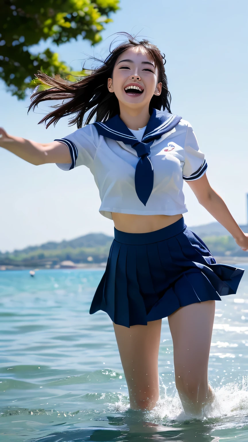 1girl,(((Okinawa ocean)))、(((White sand beaches in Okinawa)))、(((Just join your hands and pray)))、(((Mysterious look)))、8k UHD、Digital single-lens reflex camera、High resolution、Shallow depth of field、Natural light、(((オフショルダーで腕を上げて美しい脇の下をみせてくれる)))、(((Sailor suit)))、(((navy blue super mini skirt)))、(((A sparkling, charming smile)))、(((Full body photography)) )、Small person、(((Young face)))、1 Japanese female、12 years old;beautiful girl、(Black Hair)、A strong wind blows up my skirt、(((Brown eyes)))、Glowing Skin、Smooth Thinning Hair、Long Hair、Detailed background、Detailed eyes and face、Clear Eyes、Cute smile、Calm atmosphere、(((stage)))、(((Small breasts)))、(((Beautiful Eyes)))、Flat chest、Children、(((Toned thighs))) 、(((Angle from below) ))、(((Fine lips)))、(((Skirt fluttering)))、Shining beautiful legs、( Skirt fluttering violently in the strong wind :1.4), (hair blowing in the strong wind:1.4), (leaning forward)、barefoot、barefoot、((((A skirt flipped up by a strong wind))))、とてもつるつるした美しい脇の下