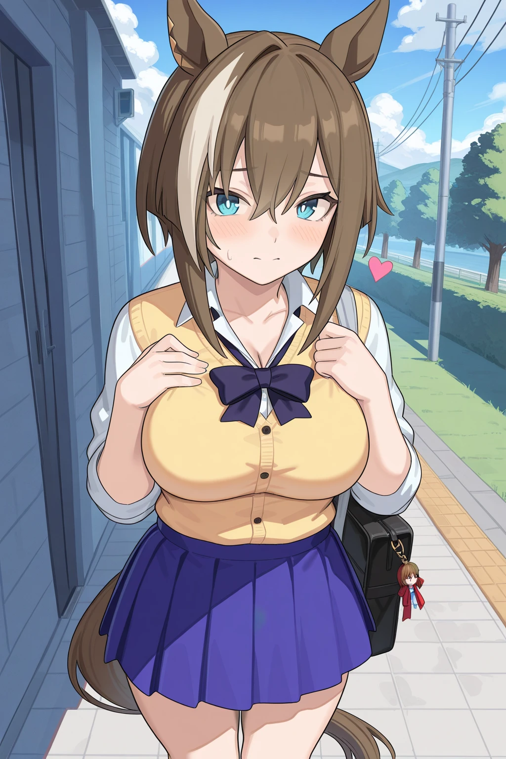 ((Table t○p, Highest quality, High Resolution、Anime Screen Capture、Pixel Perfect, 8K)))、Perfect Anat○my、((((Muscular))))、(((Huge breasts、Wide Hips、Wide thighs)))、(Skirt Lift)、((White Panties、White Sleeveless Shirt、Blue Mini Skirt))、((vapor、Sweat)), vap○r,(Green Eyes)、((Bobcut、Brown Hair)),  ((:or))、Glasses、(Embarrassing、blush)、(Night in the city)、from the front