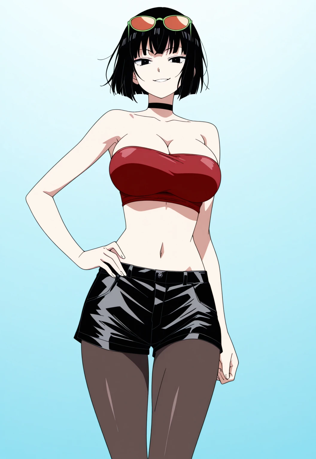 Solo anime girl (1girl) a manga drawing by Kentaro Miura, trending on pixiv, shin hanga, Red bra, (Red Bra) ((No shirt)), baggy pants, Red eyes, toned body, abs, seductive anime girl, teasing smile, Black Hair, Short hair, Hairstyle: Short Pixie Cut (sfw) safe for work, sfw version, top rated on pixiv, oppai, gapmoe yandere, handsome anime pose, hair is short on the sides and on the top, pretty hands, good anatomy
