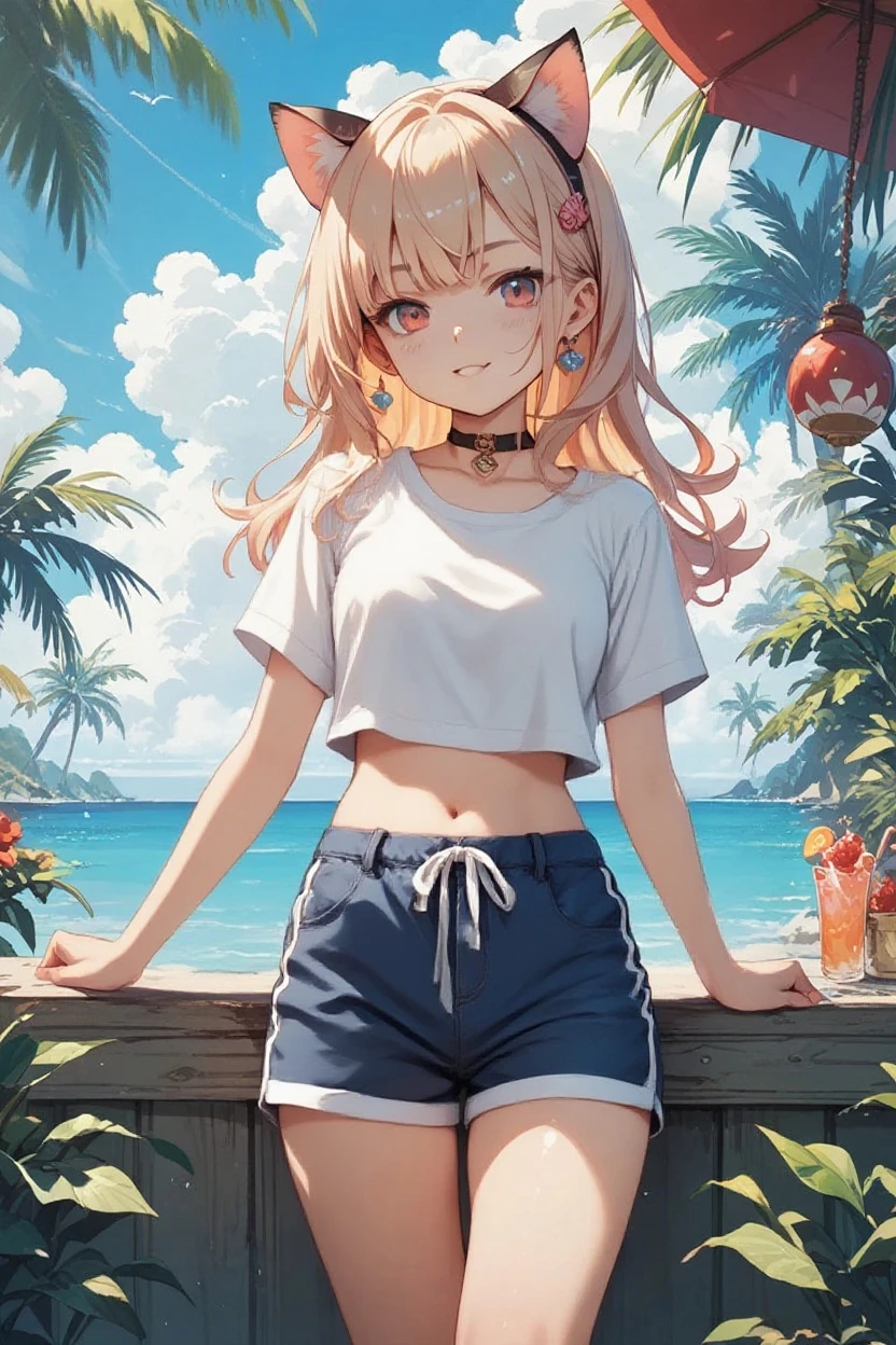 ((Masterpiece)), ((best quality)), ((kawaii)), (flat color), (flat shading), (super detail:1.2),(High Definition:1.3), (Professional Photography:1.2), (wide shot), (sharp focus), (perfect light), (drop shadow),((1girl)), ((12 years old)), (put on lion ears), cute lion girl, ((Embroidered cute camisole)), cute boxer shorts, (naughty smile), (Beautiful golden eyes), (small chest), (bare arms), cute navel, Healthy skin, (Healthy slim body), (loose blunt bangs), silky and straight hair, (medium hair), ((pale brown hair)), BREAK, ((best quality)), (very aesthetic:1.2), (absurdres:1.2), ((extremely detailed)), Reaching out hand, ((loose kneeling on the Savanna sand)), (Dry atmosphere), vast savannas,