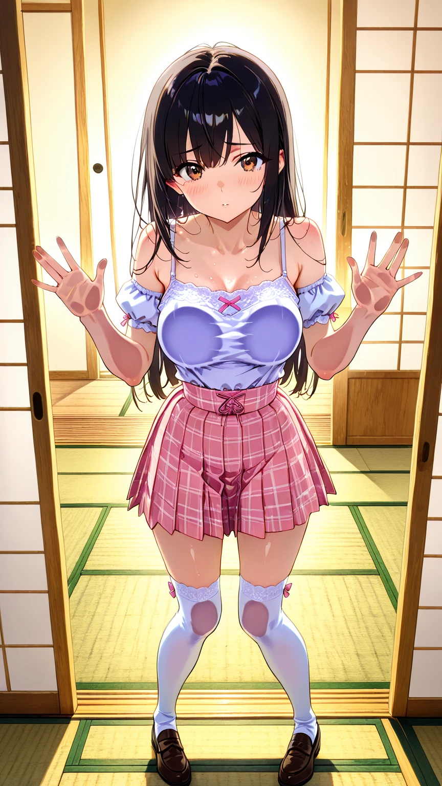 8K,best qualtiy、ultra-detailliert、masterpiece、realisitic、Photo Real、(16-year-old woman),(((Naked high school student ribbon on top、Below is a high school skirt with a plaid pattern))),((((Grab the skirt with both hands、Show me the crotch of my light purple panties))))、((red blush、embarassed expression、watching at viewers))、(Half body shot)、(inside in room)、((Angle from directly below、Focus on the crotch、Background blur))、((A-cup breasts、Very skinny body、very thin thighs、very slender legs))、