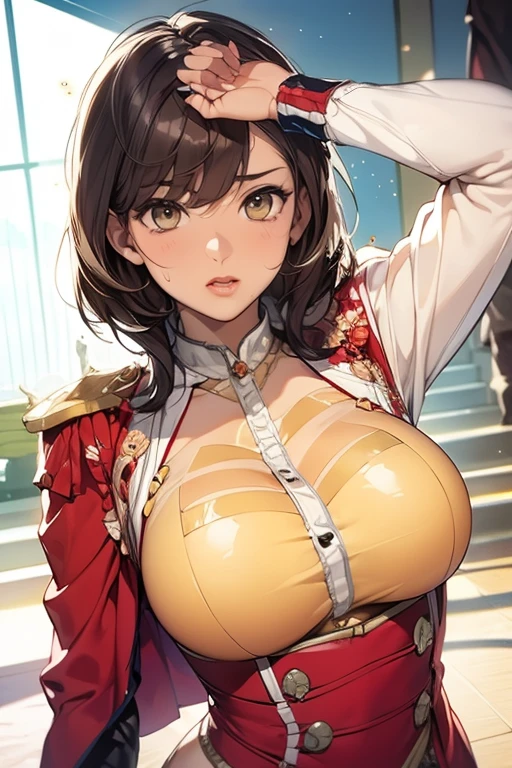 Lian, light brown hair, hair stick,bangs,violet eyes, solo, smiling, standing, upper body, hips, bare shoulders,purple thighhighs,red dress, gold jewelry,armor,gloves,circlet, cleavage, red and gold royal castle, gigantic breasts, (best quality, masterpiece, beautiful and aesthetic:1.2, highest detailed face, perfect face,) eyes, perfect face,expressive eyes,
looking at viewer, in the center of the image,(Upper_body),(Focus on her face),
official art,extremely detailed CG unity 8k wallpaper, perfect lighting,Colorful, Bright_Front_face_Lighting,shiny skin,
(masterpiece:1.0),(best_quality:1.0), ultra high res,4K,ultra-detailed