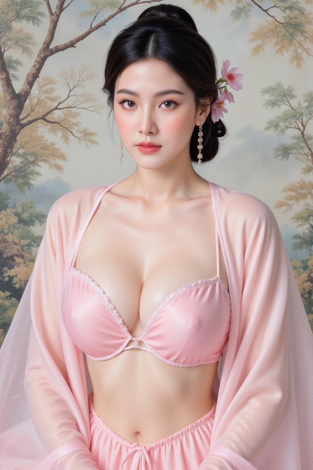 Best quality, Masterpiece, hyper HD, (Photorealistic: 1.4), RAW photography, up-close, Bed, Dark, Red, Room, small, Milky, Thin, sheer, shirt, Spillage of breast milk, an with a small fabric area, Side breasts, Lower breasts, chest emphasis, Short hair, Black hair, Upper body, Hami milk, Huge breasts,  (Delusional breasts)), Slim waist, Red cheeks, (Crying: 1.3),