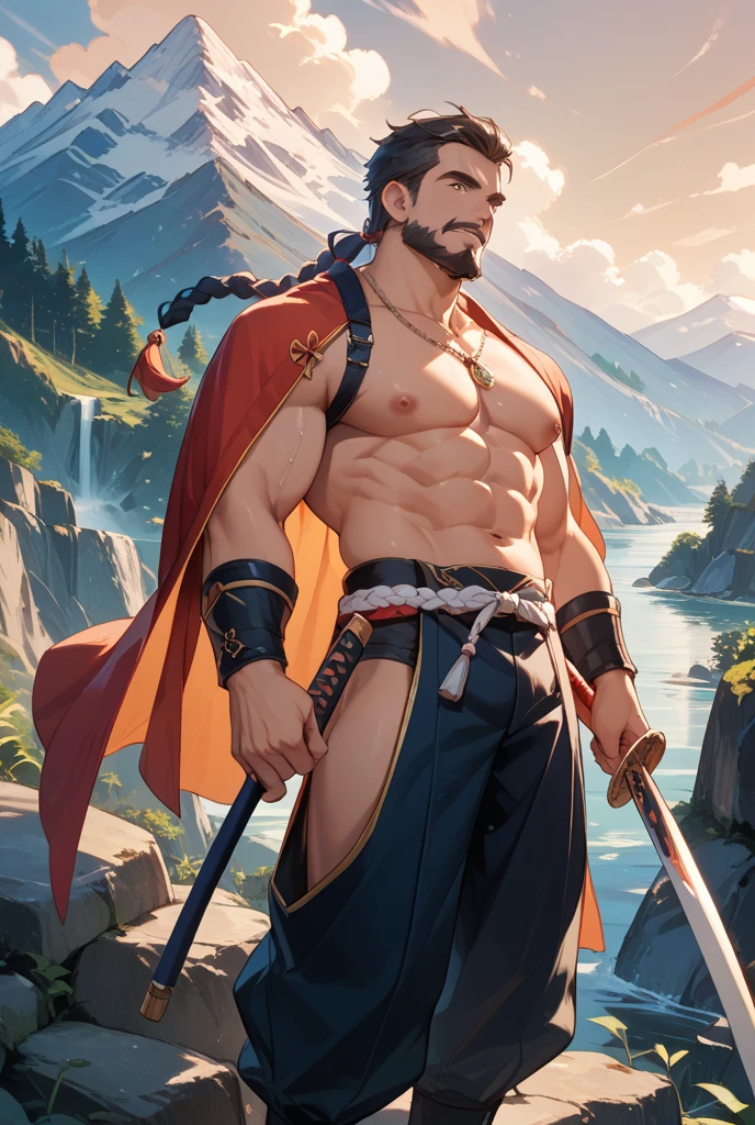 (8k, photo and gross, Best Quality, maestro:1.2), (realist, photo-realist:1.37), ((Best Quality)), ((Masterpiece)), (detailed), a male character, mythological dwarf from the front with brown hair and punk hairstyle shaved on the side of the head, serious face with a slight smile, braided viking beard, stocky body with body hair, holds a viking ax, in a mountainous landscape in the background.