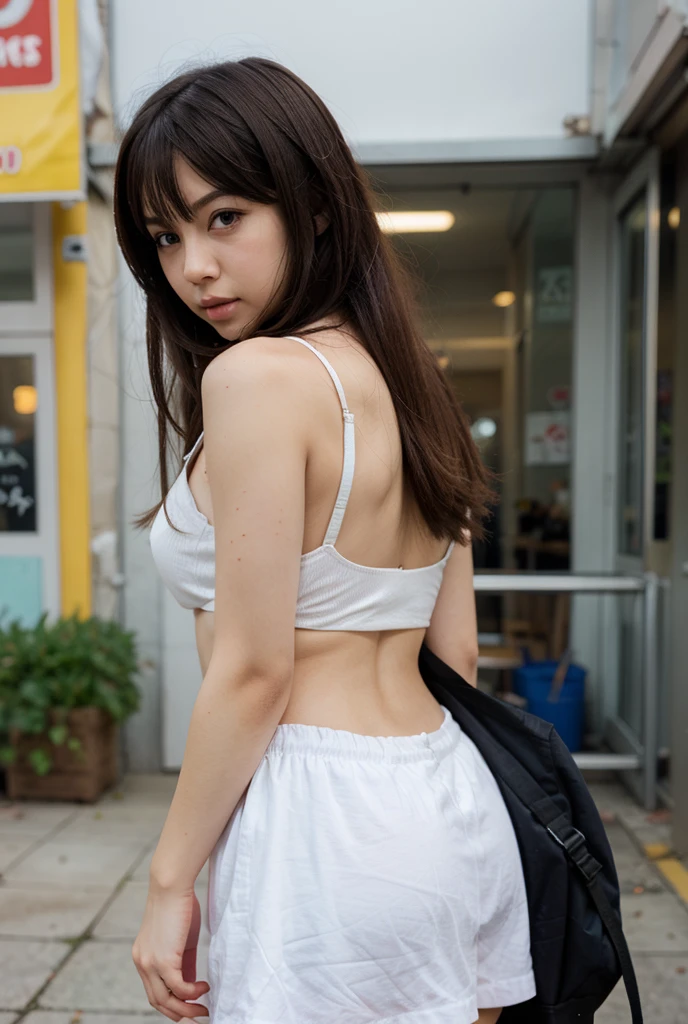 photograph, 1 girl, androgynous hunnuman, oval jaw, delicate features, beautiful face, dreadlocked hair, long bangs, long ponytail, bright blue-brown eyes, naked, stick out your butt, sexy pose, full_body, from_behind, from top, round ass, from behind, after anal, gape, anal gape, outdoor
