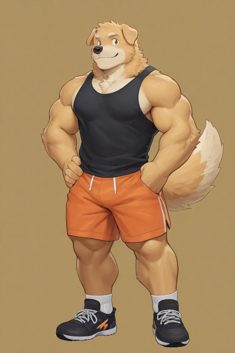 (pinup), Anthro, male, solo, full length portrait, domestic dog,( belgian malinois:1.1), muscular, athletic, abs, smile, digitigrade, barefoot, tanktop ,shirt lift, jockstrap, sweat, sweaty, happy trail, (black background:1.1), digital artwork, (flat colors:1.2), (by adios, by k-9, by paintfox:.8), by delirost, by tritscrits, (detailed fur, detailed fur texture:0), (masterpiece, best quality, high quality, highres, ultra-detailed)