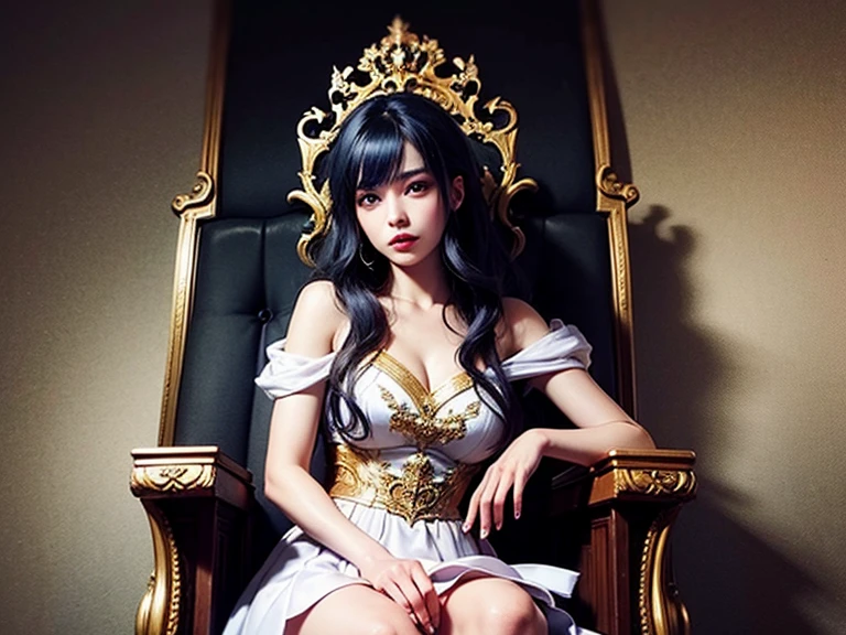 A painting of a woman sitting on a throne surrounded by demons, everyone, Queen of Hell, Wearing a crown of skulls, Gweitz, scary queen of death, Gweitz masterpiece, Decorated with demon skulls, White horned queen demon, Goddess of Death, by ヤン・J, Detailed anime artwork, Anime fantasy artwork, Devil Girl, Anime fantasy illustration