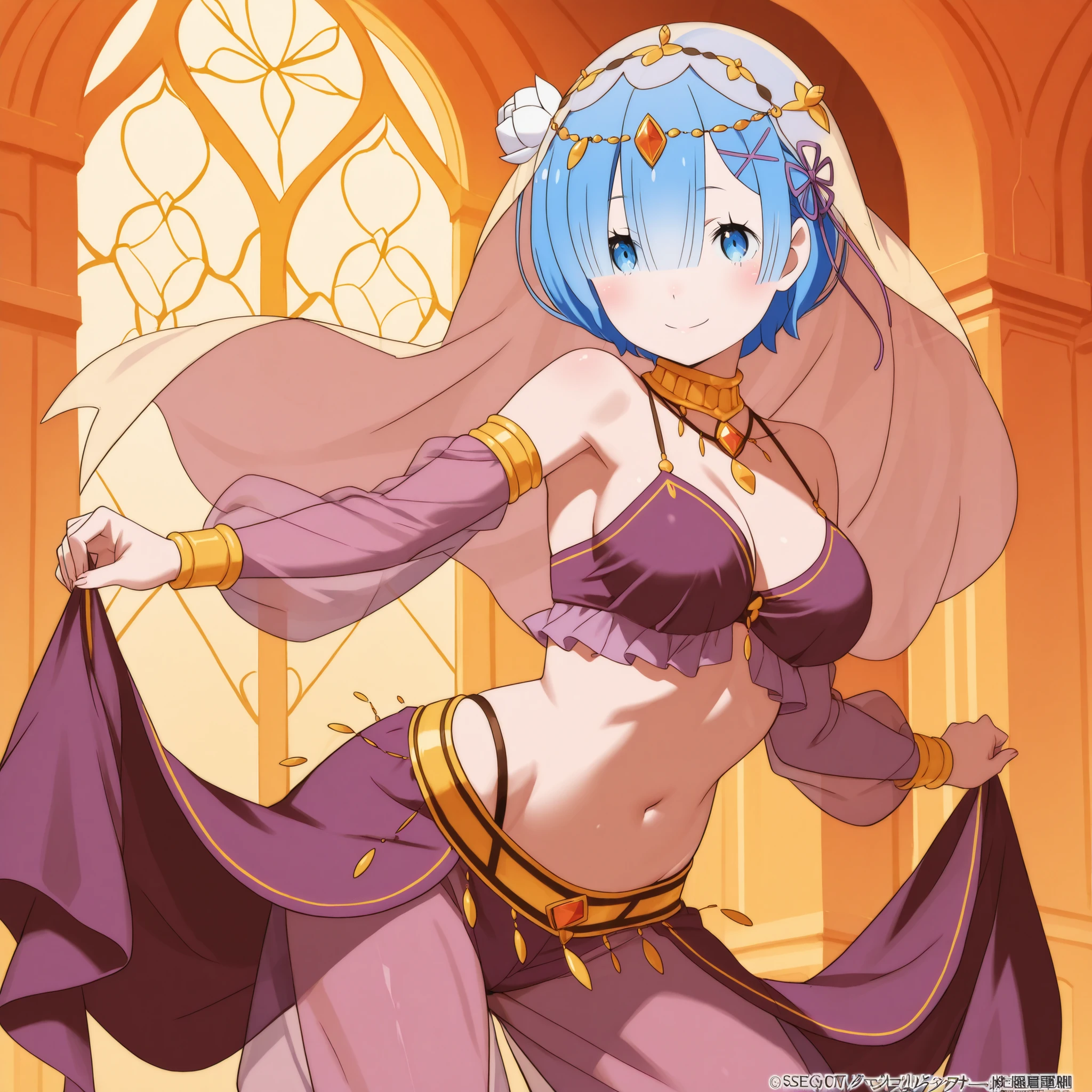 1girl:1 . 5) , (Seul:1 . 5) , score_9 , score_8_haut , score_7_haut , source_anime , Official work , ultra-detailed , masterpiece , best quality plaid shorts , high res , beaux yeux , detailed eyes , Detailed Face , beautiful detailed eyes ,RE:ZERO, Rem , Arabian Clothes , Arabian Dancer ,belly dancer costume , veil , golden jewelery,harem outfit, harem skirt, harem pants Transparent pants , belly dancing, harem veil , arabian garden , seductive smile, dancing with veil, dynamic movement, sexy pose