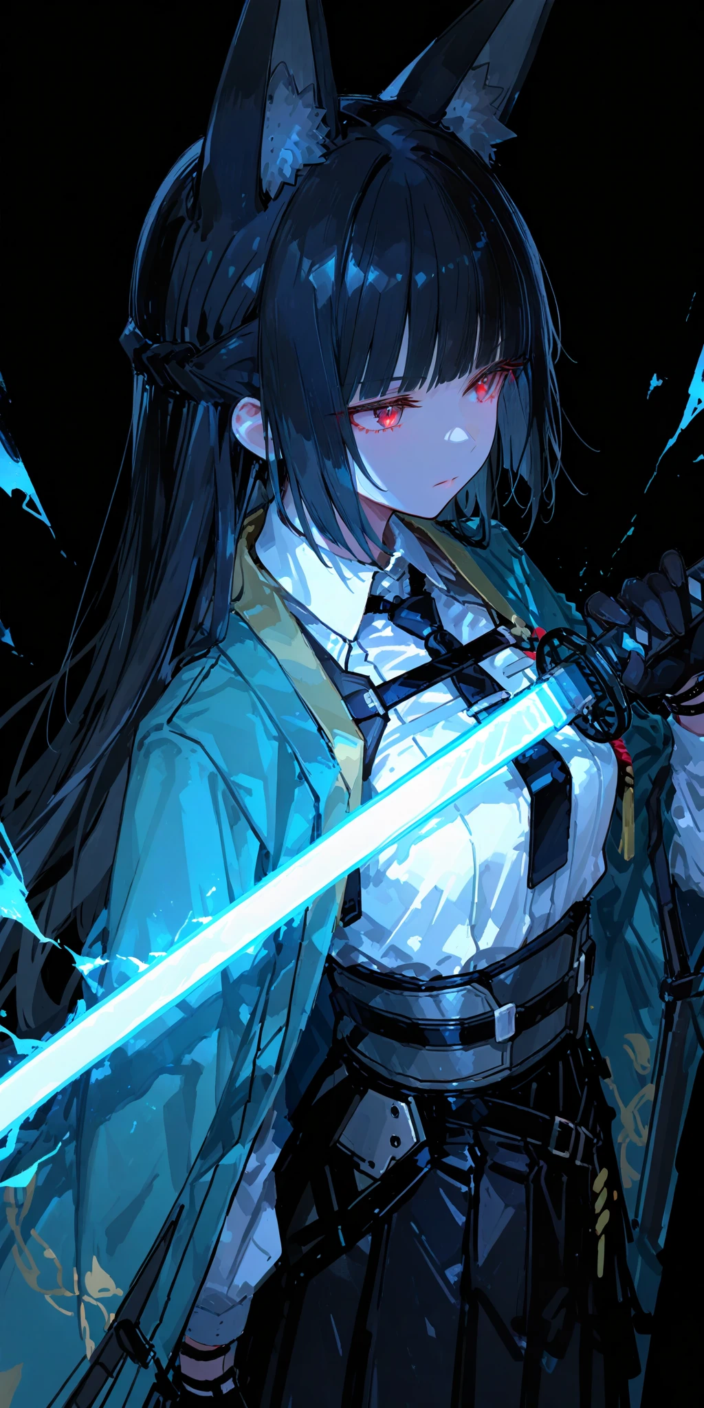 masterpiece, best quality, very awa, very aesthetic, highres, absurdres, 748cmstyle, 1girl, solo, hoshimi miyabi, from above, from side, animal ear fluff, black gloves, black hair, black necktie, black skirt, blunt bangs, closed mouth, fox ears, fox girl, green jacket, high-waist skirt, holding sword, glowing katana, energy, long hair, red eyes, serious, sidelocks, solo, white shirt, blue theme, black background, looking away, sketch, 