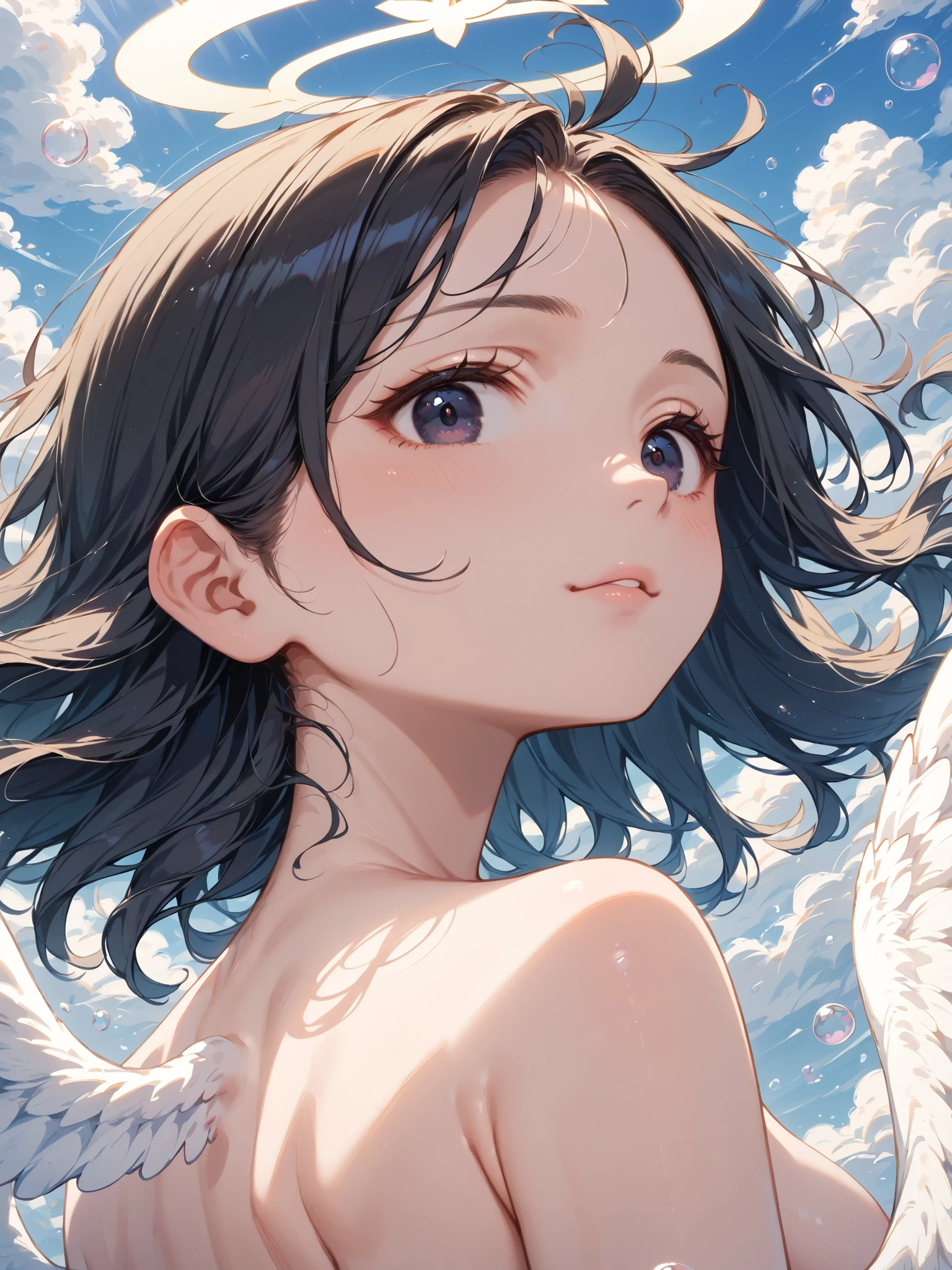 ((Highest quality)), ((masterpiece)), (detailed),((angel)),10 years old, Black Hair,(Childish face),((Straight Hair)), shiny hair, Girl ,Medium Breasts, ((Naked)),(topless),Big wings,White Wings, (A pair of wings) , ((closed eyes)),half-smile , Sunlight, ,upper body ,((hands on chest)) , ((pray)) ,(Cloud World), (In the sky),((Lots of bubbles)),