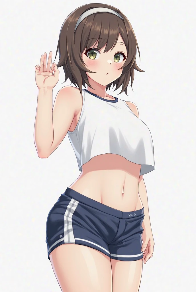 woman、Sports bra、Sweaty、Bobcut、Brown Hair、smile、Sexy expression、G Cup、No background、Background white