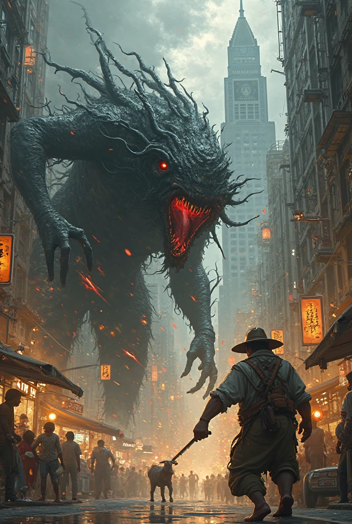 cthulhu, Colossal, destroying cities, in the rain, the night,  ((best qualityer, extreme quality, Masterpiece artwork)), realisitic
