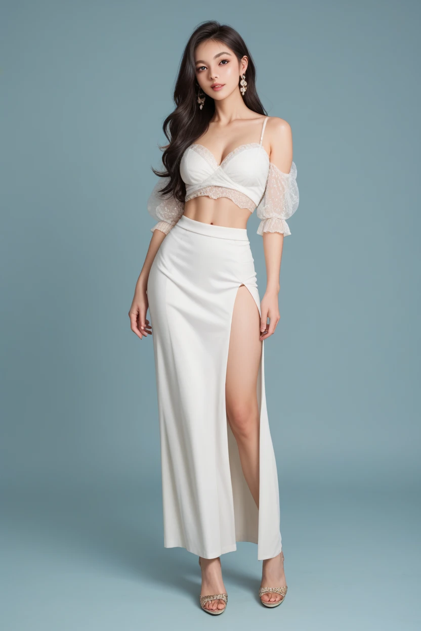 1 Chinese beauty，23 years old，Full breasts，Big wavy long curly hair，Hips，Long legs，tall and slim figured，Charming and sweet smile，Wearing a deep V white sling hip skirt with feathers，Wearing big silver earrings，Left hand on waist，Right hand than heart，Wearing royal blue high heels，Dark gray gradient background board，Hyperrealism，Level lighting atmosphere，Natural fair skin，full-body shot