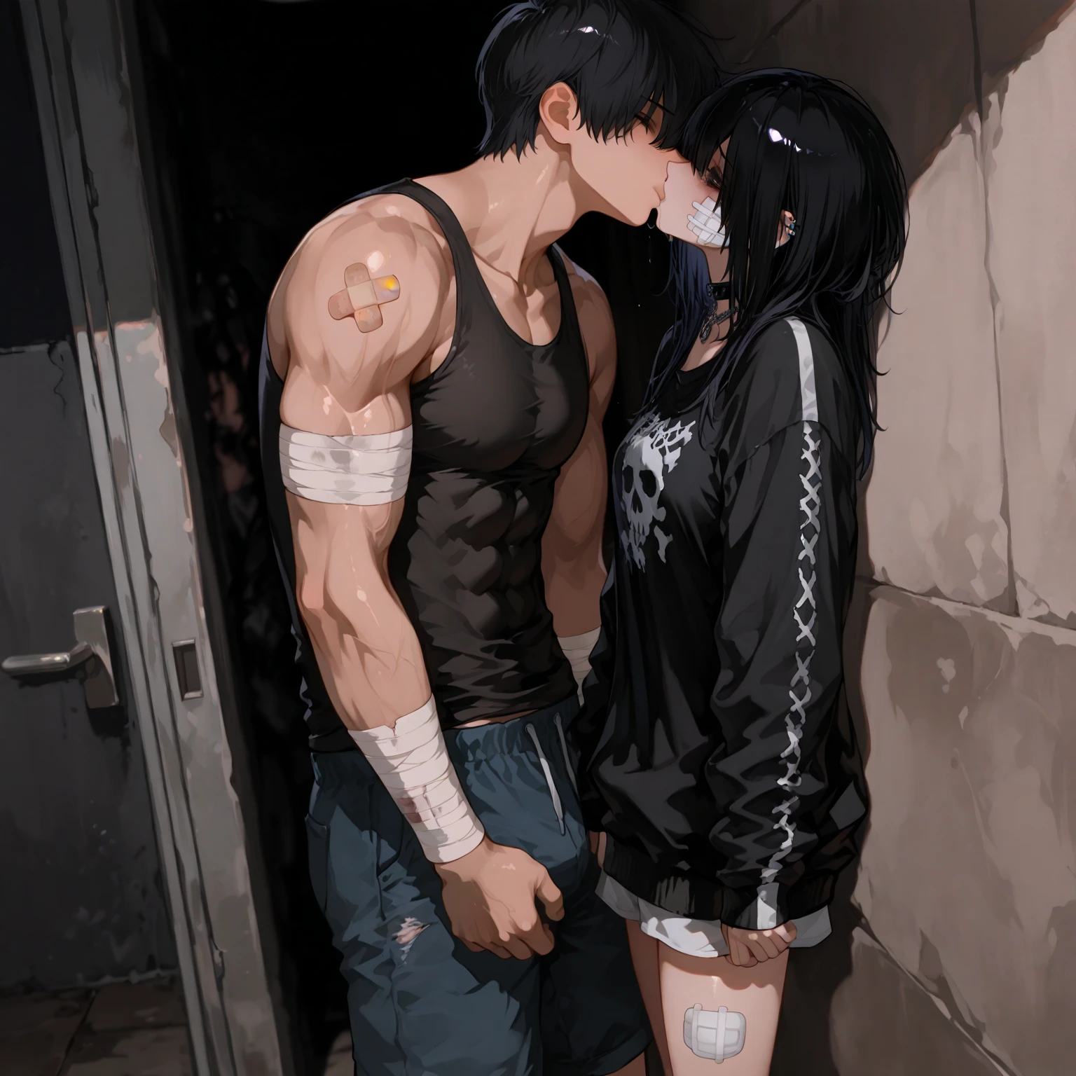 A young, cute, bloody, bruised, sweaty Japanese female street fighter and a male fighter in a back alley fighting each other. She is cornered against the wall. His fist is hitting her in the stomach, black hair short cut. She is crying. Both eyes closed. Short of breath. Drooling from the mouth. Naked. Denim shorts. Open finger gloves. Erect nipples.