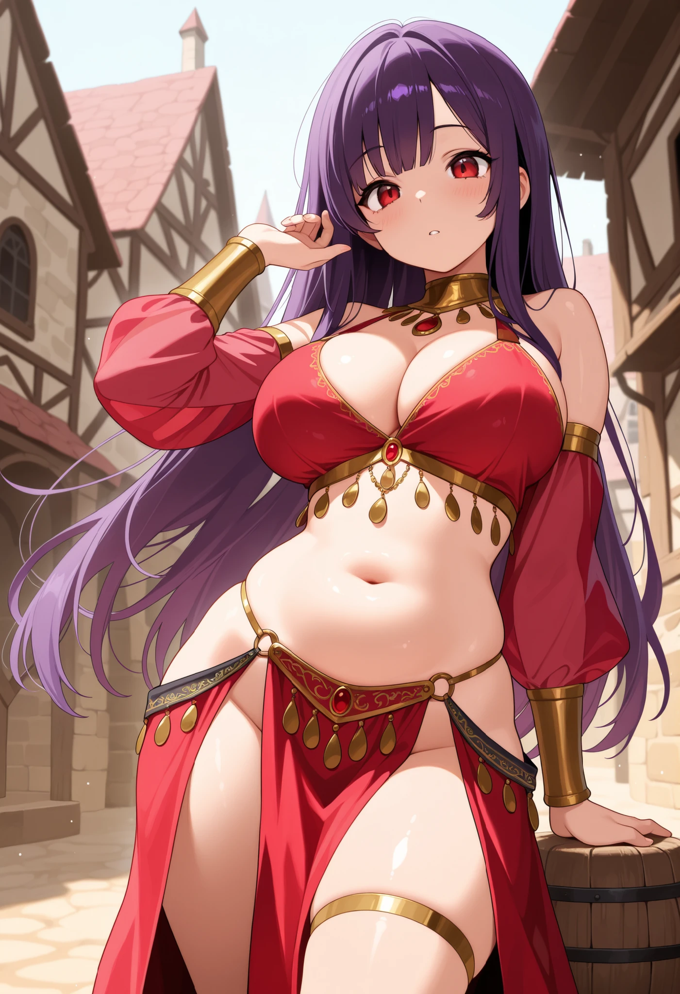 high quality, ultra detailed, best quality, insanely detailed, beautiful, masterpiece, 1girl, medieval plaza, cowboy shot, red eyes, long hair, purple hair, belly dancer, circlet, earrings, armlets, bracelets, bashful smile, large breasts, cleavage, soft stomach