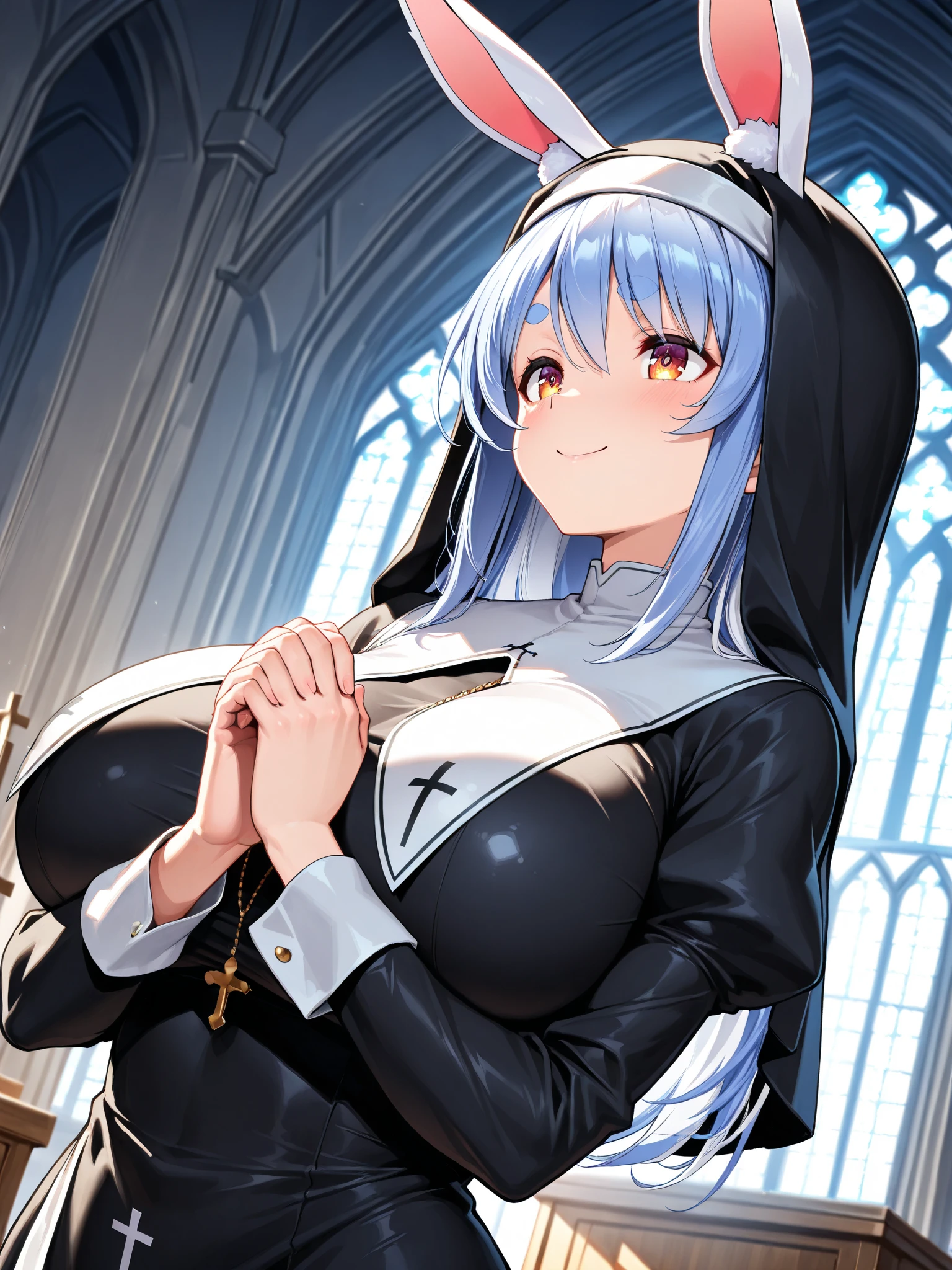 My name is Yukiko.I am a white test woman with long Sky blue hair,red eye color.I am 1.62 cm tall . My breasts measure 200 cm, my waist 40 cm and my hips 200 cm. Dressed in a nun's dress with the veil . With big breasts 200 cm
