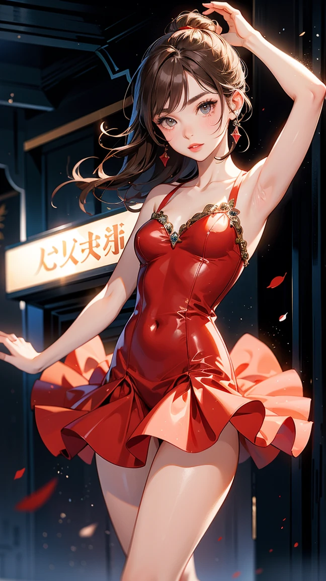 a beautiful brunette girl with flowing brown hair, red eyes, wearing a red imperial dress with a deep neckline, anime style, against a bright sky background with twinkling lights, dynamic angle, arrogant laughter