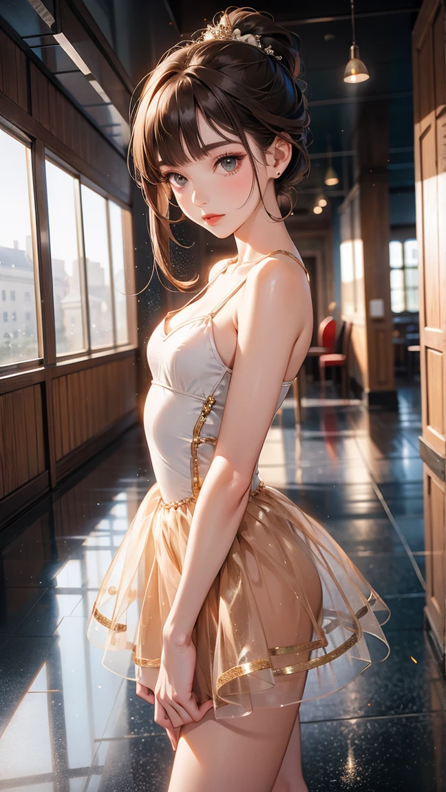 (()) (((Ballerina Cosplay))) portlate、In a seductive pose、Raise your arms、Hands up、ultra-short hair、 (((　))) (((　 ))) a picture、​masterpiece、