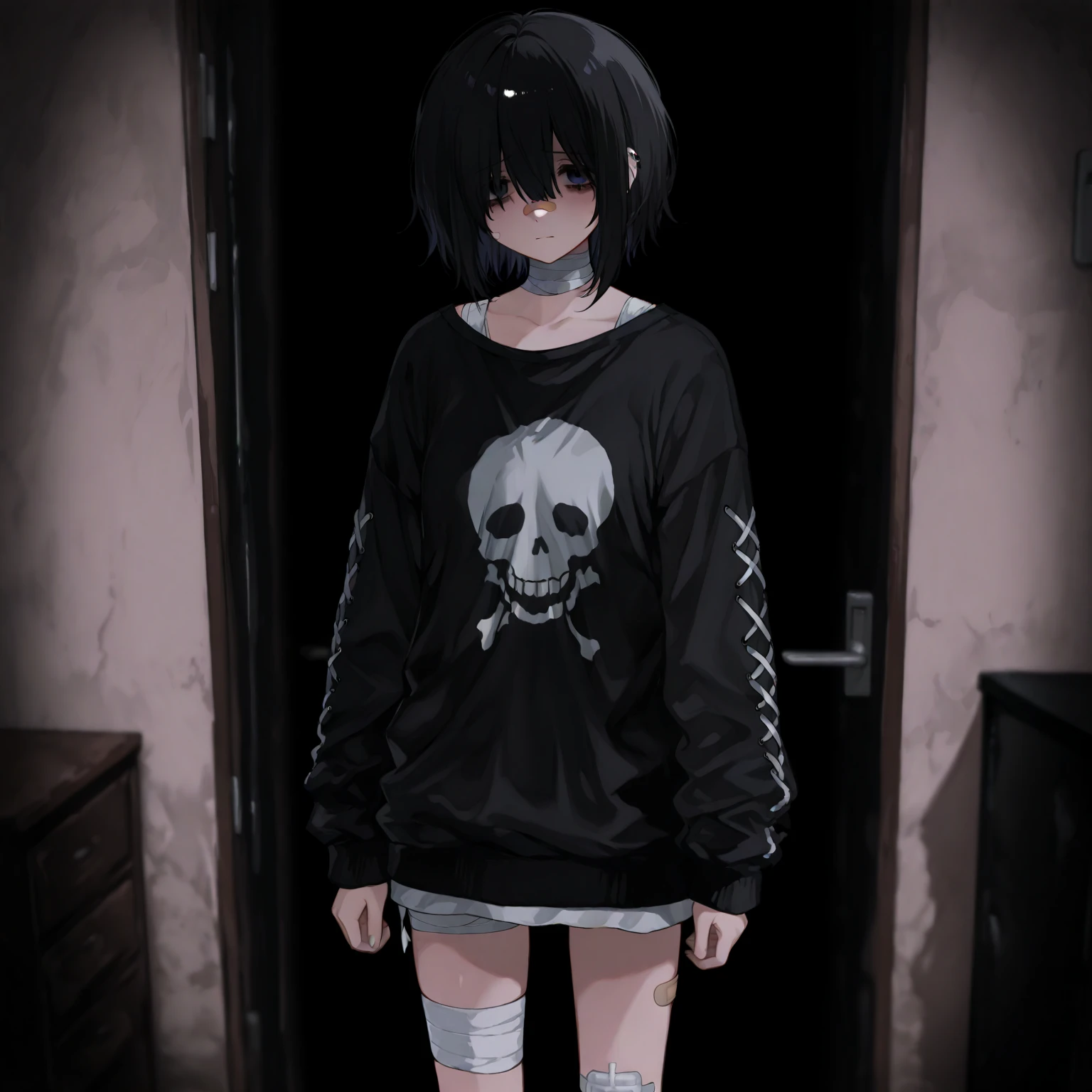 best quality, super fine, detailed eyes, 16k, incredibly absurdres, extremely detailed, emo highschool girl opening the door of her private room for you, looking at camera, tilt head, emotionless expression, punk fashion, long black hair, dark eyes, black collar, weird long-sleeves oversized hoodie, full body, dim lights, (magnificent view:1.1)
