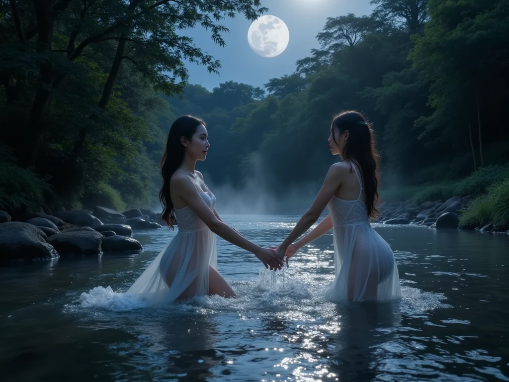 two nude sexy asian goth girls kissing in a dark forest under the moon light