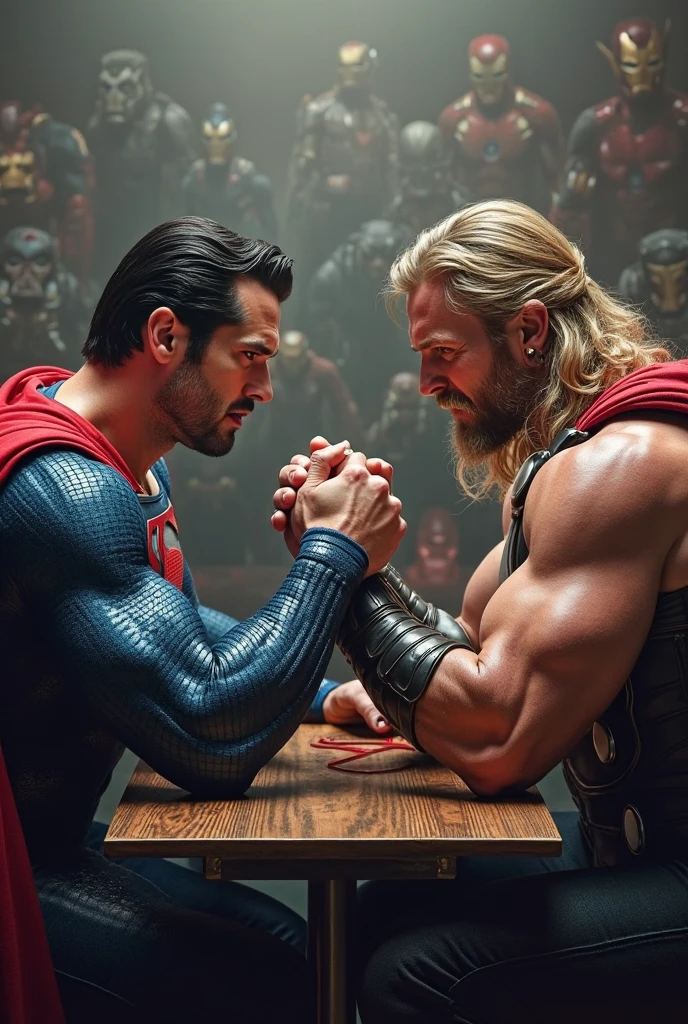 muscular male superhero Thor, muscular male superhero Superman, arm wrestling, epic dynamic action scene, realistic detailed anatomy, dramatic lighting, cinematic composition, photorealistic, hyper detailed, 8k, intricate details, masterpiece, dramatic lighting, cinematic composition, highly detailed facial features, dramatic shadows, glowing energy effects, volumetric fog, depth of field, cinematic camera angle, ultra-detailed skin textures, dynamic poses, muscular bodies, extreme detail, photorealistic, studio lighting, HDR, vivid colors, dramatic atmosphere