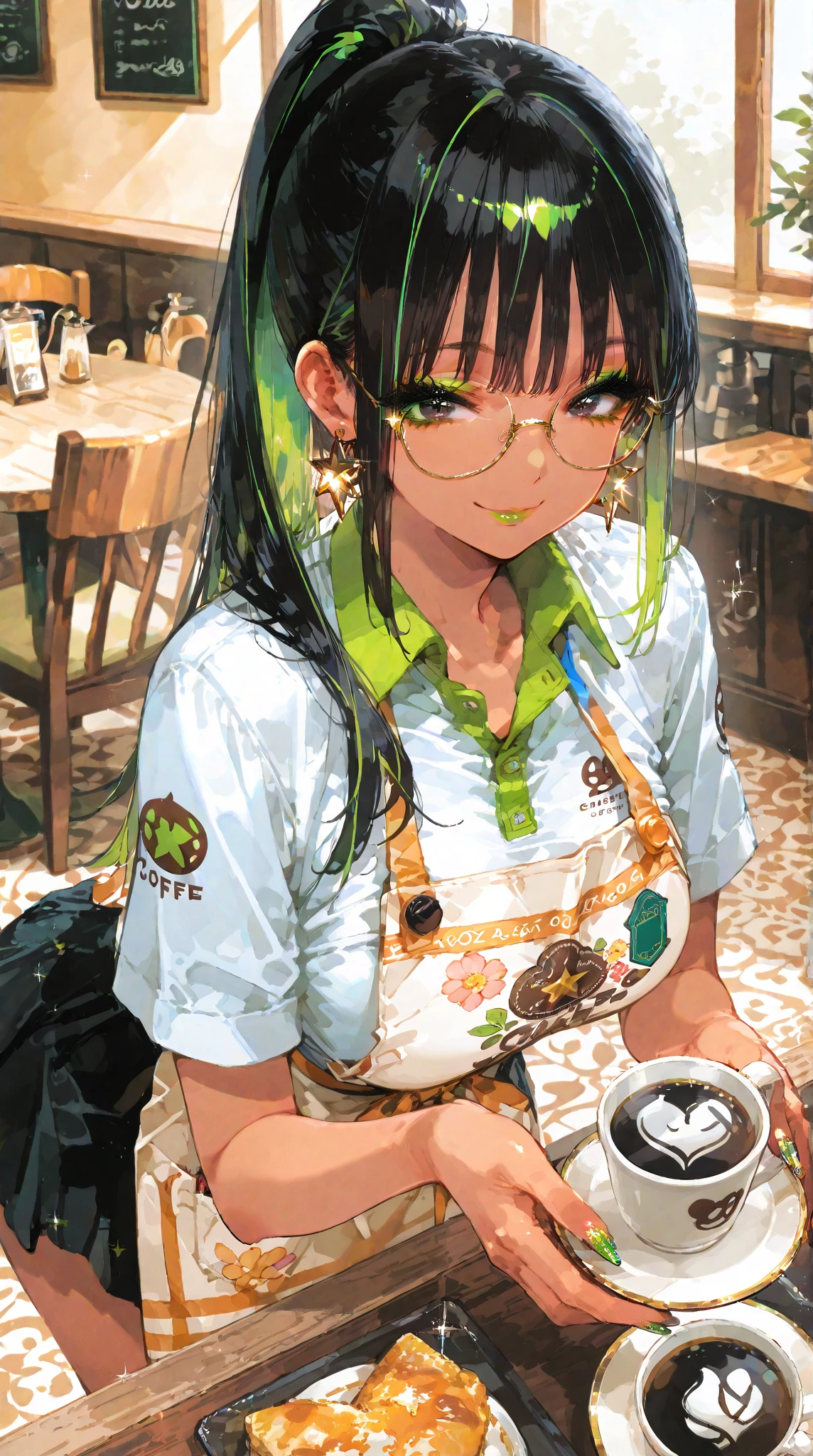 A chaotic fast-food kitchen scene with a green background. A stressed-out anime girl with messy hair and glasses, wearing a white shirt and green apron, stands behind a counter. She's leaning back with her arms outstretched, one hand holding a coffee cup on a saucer. Above her, burgers, buns, and food items explode in mid-air. Light bulbs hang from the ceiling. The counter is orange with various food items scattered on it. Behind her are shelves with kitchen equipment and food containers. The style is detailed comic book art with a limited color palette of greens, oranges, and yellows. The scene conveys a sense of overwhelm and chaos in a busy fast-food environment