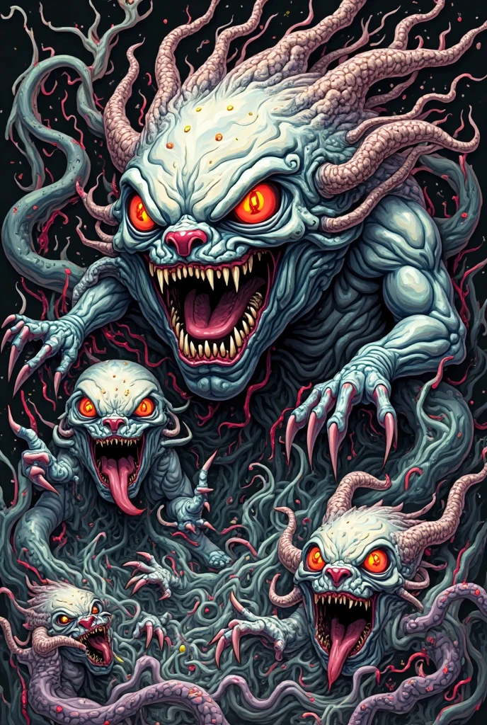 Gremlin, highly detailed mattepainting in a microscopic surface, style of grid electron microscope, neuronal, shiny black and red
